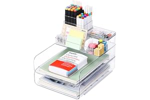 CiWiVOKi 3 Tier Office Organization and Storage, Clear PET Paper Letter Tray Holder, Stackable File Document Desk Organizer with 5 Compartments, Pen Holder and Storage for Desktop Accessories