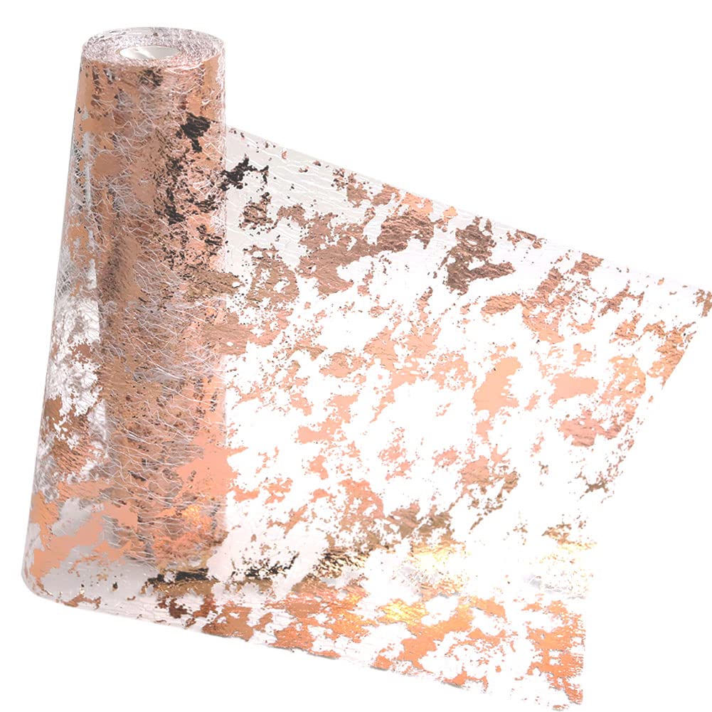 15M Rose Gold Metallic Table Runner, 28cm Metallic Foil Table Runner Tulle Roll, Gift Floral DIY Wrapping Ribbon For Birthday Party Wedding Christmas Table Decoration