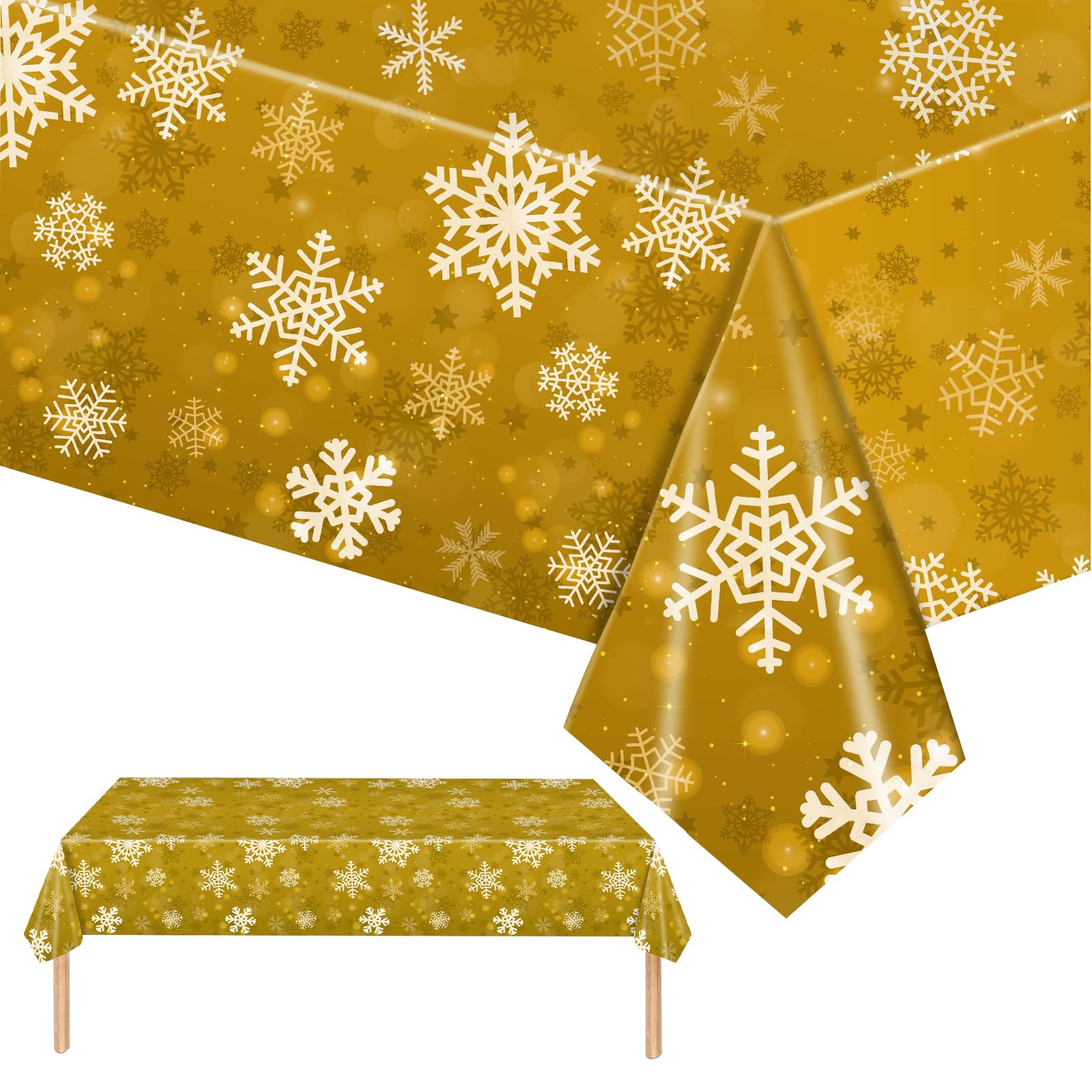 2 Pack Gold Glitter Snowflower Christmas Tablecloth - Plastic Rectangle Table Cover 137*274cm for Party, Winter Holiday, Xmas Table Décor