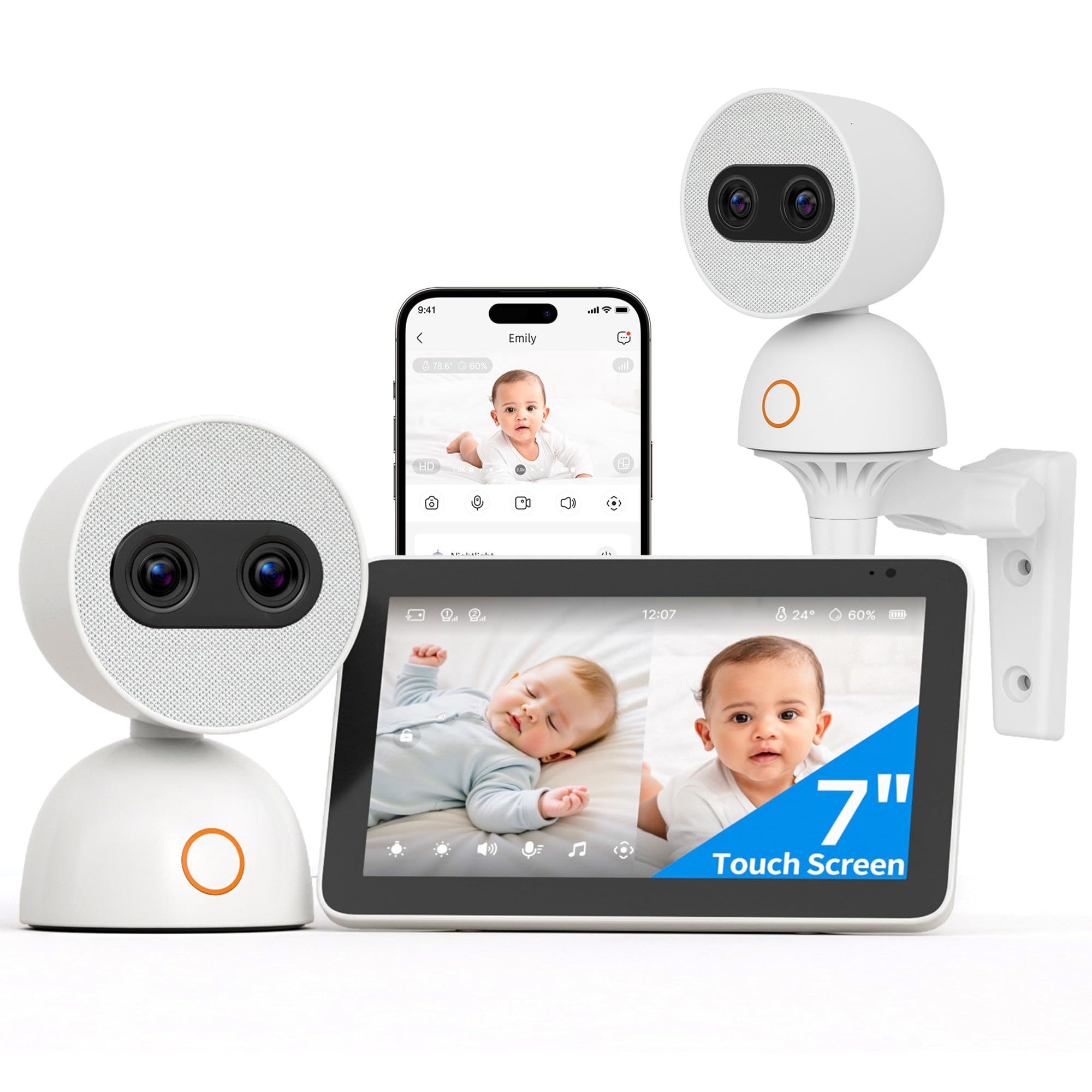 Photo 1 of Simsky Split Screen Video Baby Monitor with 2 Cameras, Dual 4MP Cameras with 6X Zoom, 7" UHD Touch Screen Portable Audio Baby Monitor, App Remote Access, 5200mAh Battery, 32GB Local Storage