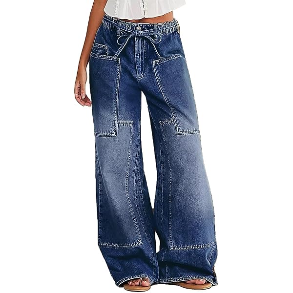 【らら】Womens washed denim wide pants Flamingals Wide Leg Jeans for Women Drawsting Mid Waist