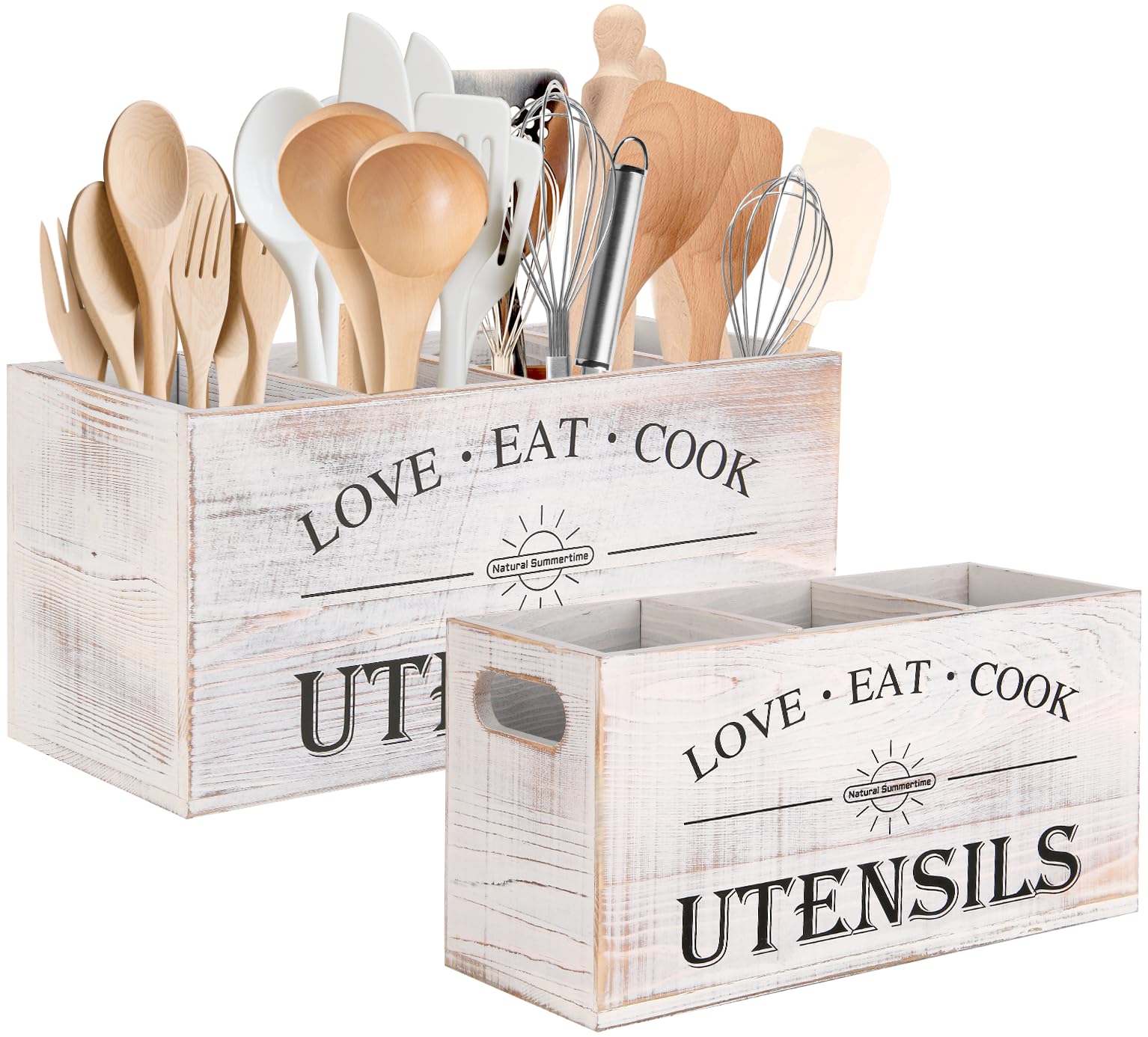 Photo 1 of 2 Pack Utensil Holder, 6.7"+6.18" Wooden Utensil Holder for Kitchen Countertop, Large Wood Utensil Organizer with Partition for Silverware and Cooking Storage, Farmhouse Kitchen Decor
