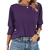 IECCP 3/4 Length Sleeve Womens Tops Summer 2026 Fashion Trendy Boat Crew Neck Smocked Work Dressy Casual T Shirt Blouses