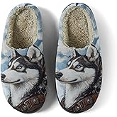 Shdgbje Arctic Husky Pattern Women's Fuzzy Slippers Bedroom Slippers Warm House Shoes with Anti-Skid Rubber Hard Sole Outdoor Comfort Man