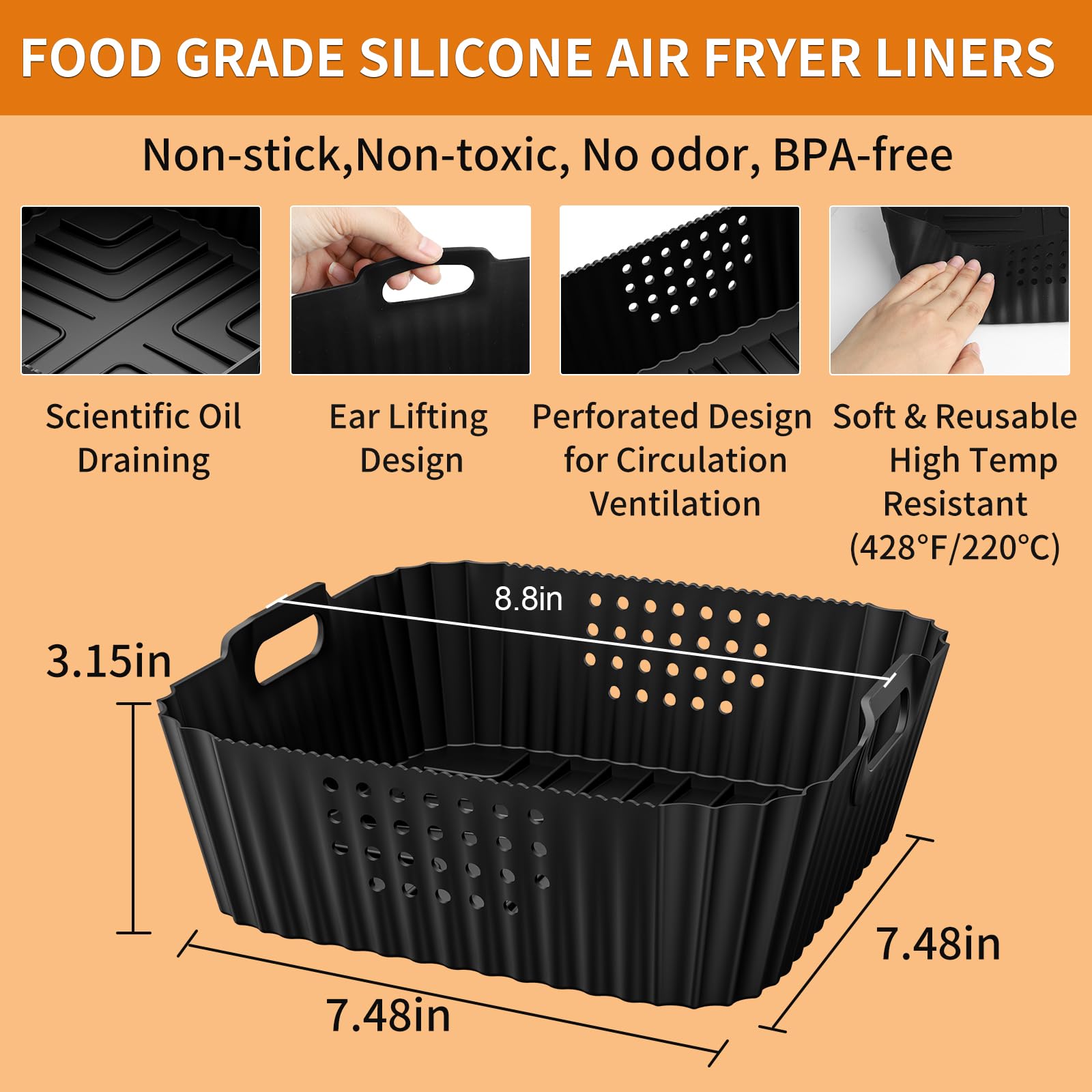 HOMELYLIFE Air Fryer Silicone Liners for Ninja AF141 AF142 5QT & AF181 6.5 QT AirFryer, Air Fryer Accessories for Cosori 5QT/6QT, 2 Pcs Reusable Square Liners for Instant 6Qt &Other 4.5-7QT AirFryer