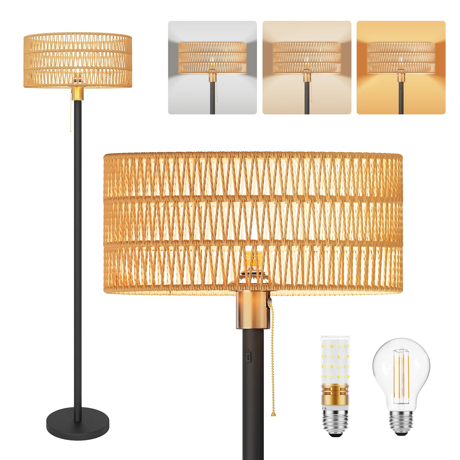 Photo 1 of Cordless Rattan Floor Lamp with 3 Color Temperature, Dimmable Rechargeable Farmhouse Floor Lamp with Pull Cord Switch, Boho Tall Standing for Living Room, Includes 2 Bulbs