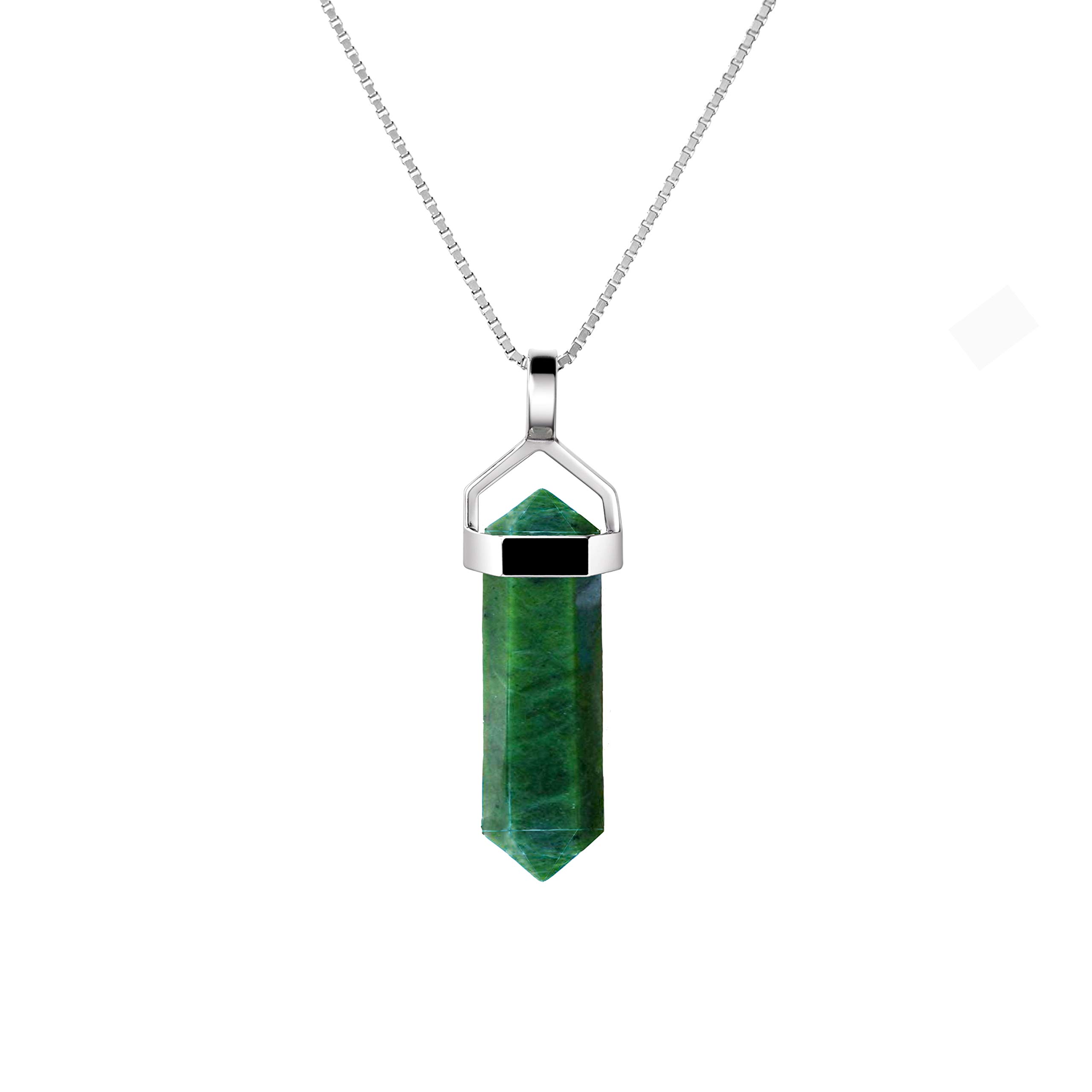 Franki Baker Green African Jade Gemstone Double Point Pendant Necklace on 925 Sterling Silver Box Chain. Chain Length: 50cm