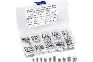 200Pcs Cone Point Grub Screw Kit M3/M4/M5/M6/M8 Stainless Steel Metric Hex Socket Grub Set Screws Assorted