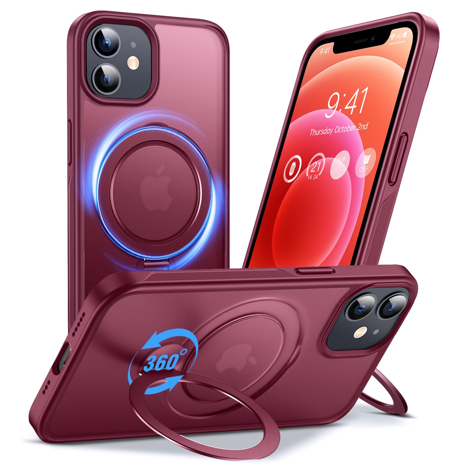 Anqrp 360° ALL-in-ONE Stand Case for iPhone 12/12 Pro Case with Rotatable Magnetic KickStand Ring Holder, Compatible with MagSafe, Shockproof Matte Phone Cover for iPhone 12/12 Pro 6.1 inch, Red