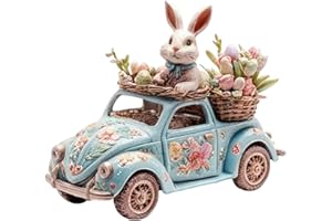2D Easter Bunny Driving Car Figurine, Bunny Home Decor, Acrylic Tabletop Decoration with Floral Design, Blue Vintage Car with