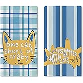 Croar Life is Better with Cats Kitchen Dish Towels Set of 2, Blue Buffalo Plaid Stripes Drying Hand Towel Baking Cooking Cloth, Funny Bathroom Home Decoration Cat Owner Lover Gift 18'' x 26''