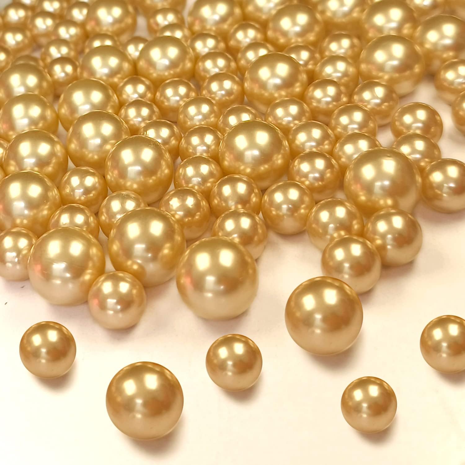 Vase Fillers - GLBYUNN 140pcs Gold Pearl Beads for Vase Filler Makeup Beads for Brushes Holder Assorted Round Faux Pearl Beads for Home Wedding Decor 10/14mm