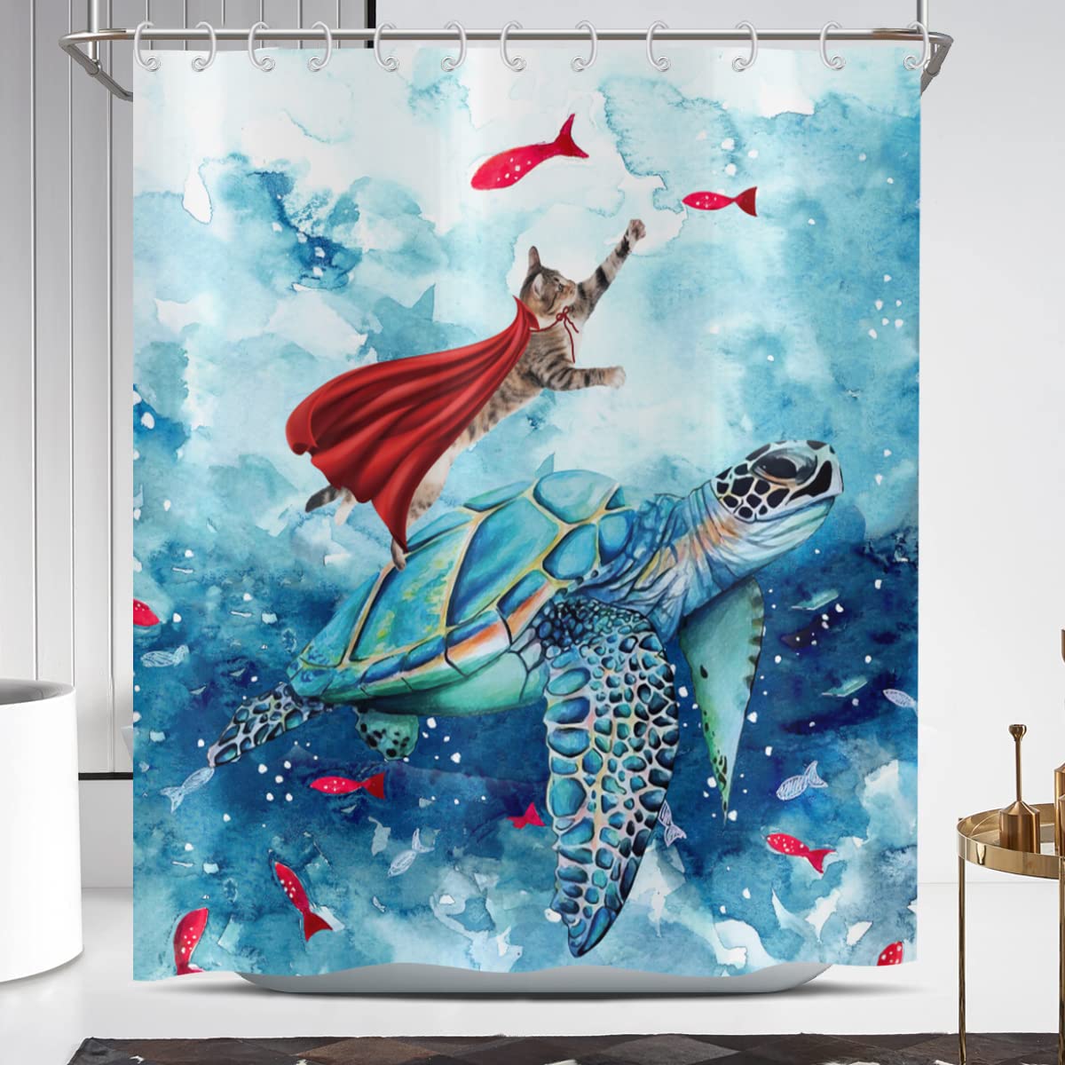 ASDCXZ Funny Shower Curtain 180x180 cm, Waterproof Fabric Shower Curtains, Hand Painted Funny Cat Ride Sea Turtle Fishing Outdoor Washable Polyester Bathroom Curtain with 12 Hooks