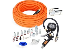 FYPower 22 Pieces Air Compressor Accessories kit, 3/8 inch x 50 ft Hybrid Air Compressor Hose Kit, 1/4" NPT Quick Connect Air Fittings, Tire Inflator Gauge, Heavy Duty Blow Gun, Swivel Plugs