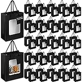 Fuutreo 50 Pcs Black Kraft Paper Gift Bags with Window 7.5 x 3 x 6 In, Handles & Tags for Wedding, Valentine's, Mother's Day Gift Wrap
