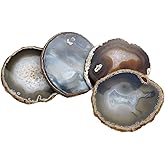 Sisamn Natural Agate Slices Bulk Crystal Geode Coasters Set of 4 - Unique 4-5 Inch Cute Stone Drink Coasters with Rubber Bumpers - Natural Slices Geode for Home Decor, Coffee Table, Bar Accessories
