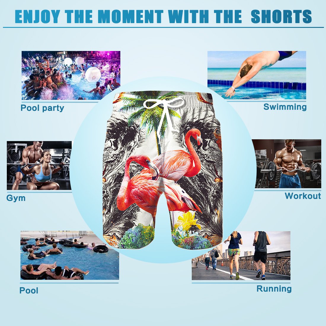 TUONROAD Men\'s Summer Holiday Aloha Beach Shorts Black Water Green Coconut Tree White Hwaiian Bathing Suit Shorts Tropical Beach Casual Style Board Shorts,X-Large,Flamingo