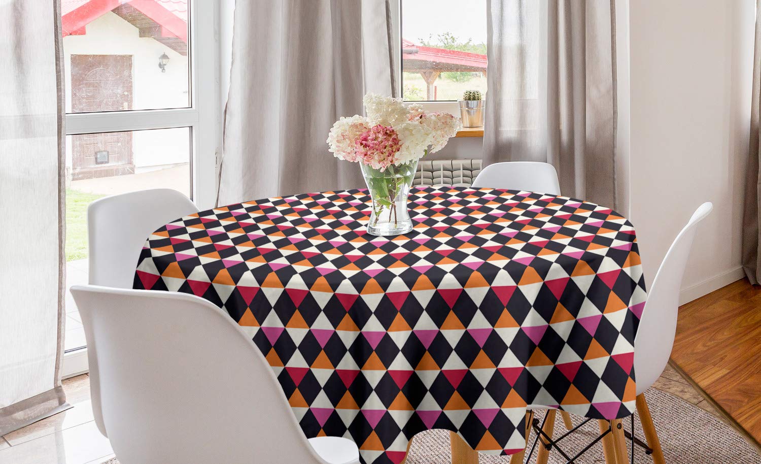 ABAKUHAUS Geometric Round Tablecloth, Rhombus Shapes with Vintage Inspired Palette Ornamental and Geometric Elements, Circle Table Cloth Cover for Dining Room Kitchen Decoration, 60", Multicolor