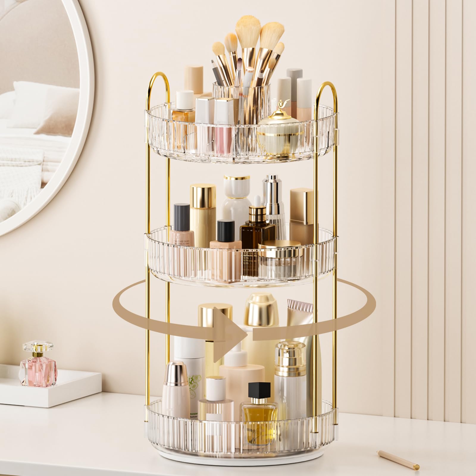Photo 1 of 360° Rotating Makeup Organizer, Upgraded 3 Tier Skincare Perfume Organizers for Women, Bathroom Organizer Countertop, Clear Cosmetic Dresser Organizer with Makeup Brush Holder, Sink&Counte (Clear)
