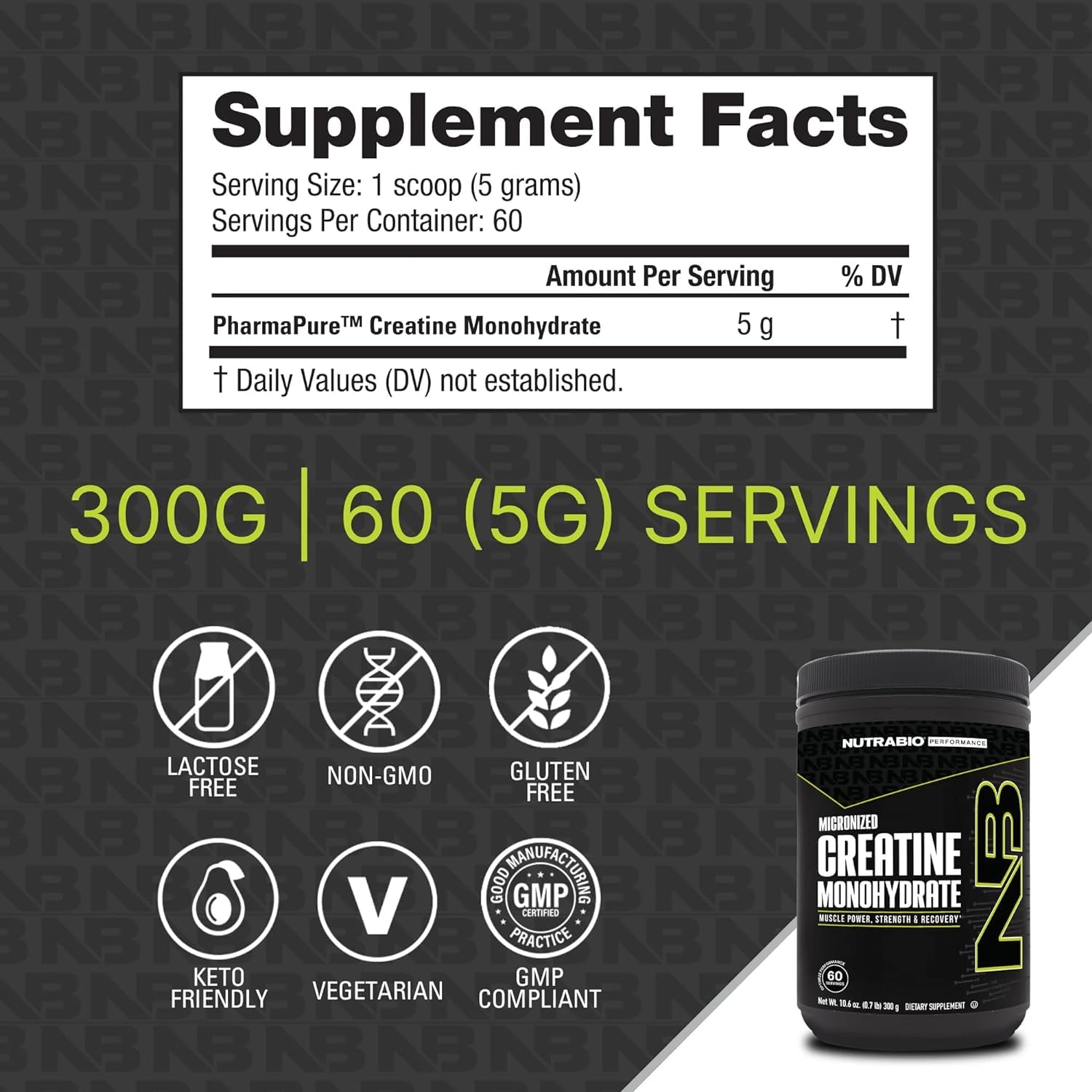 NutraBio Pure Micronized Creatine Monohydrate Powder Supplement, Unflavored, (300 g) - Supports Bulk Muscle Energy, Recovery, and Strength - HPLC Tested Creatine Powder Supplement for Men and Women