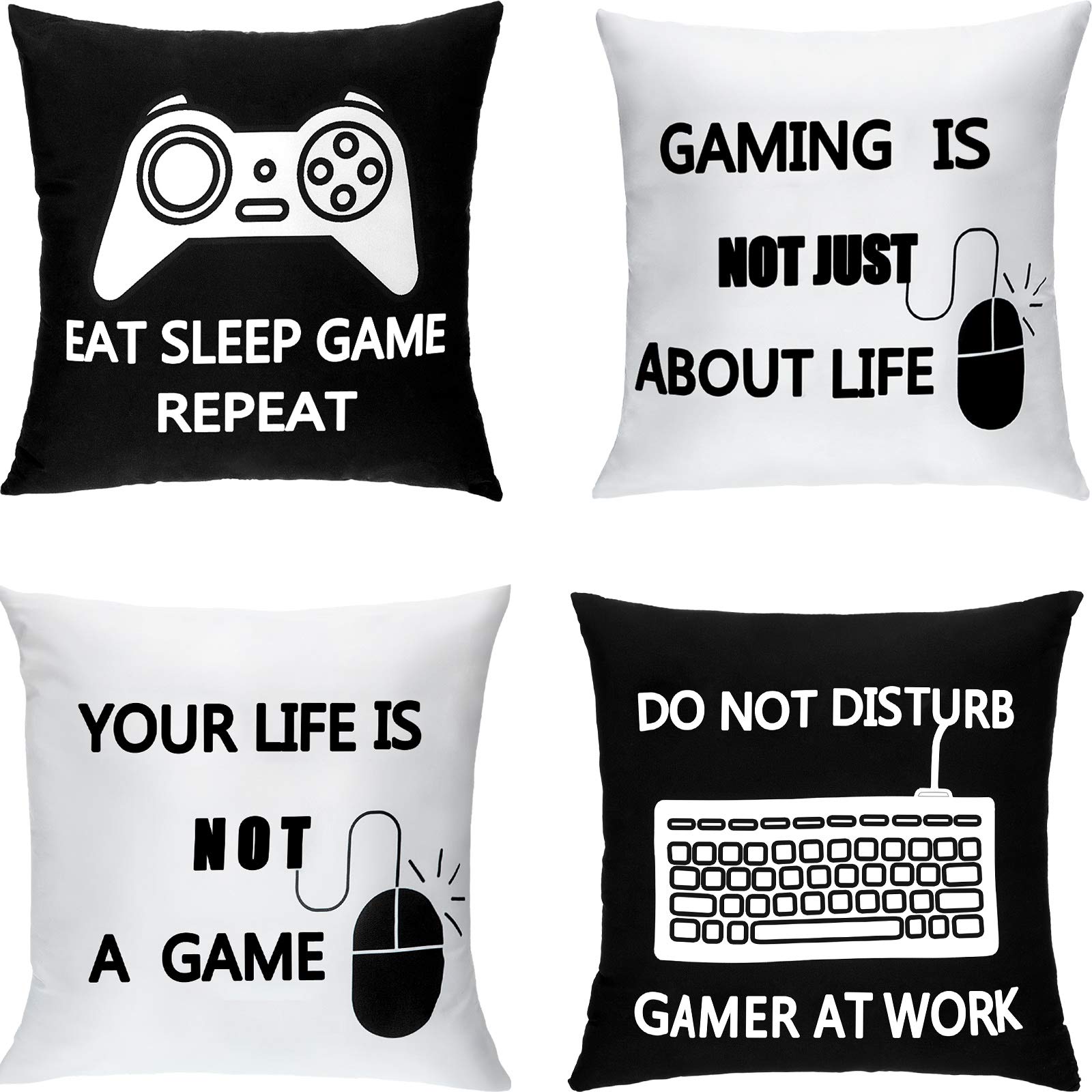 Boao 4 Pieces Gaming Cushion Cover Gamer Pillowcase Video Game Cushion Covers for Gaming Fan Video Game Themed Party Sofa Bedroom Funny Novelty Gift Home Decor (Black and White,16 x 16 Inch)