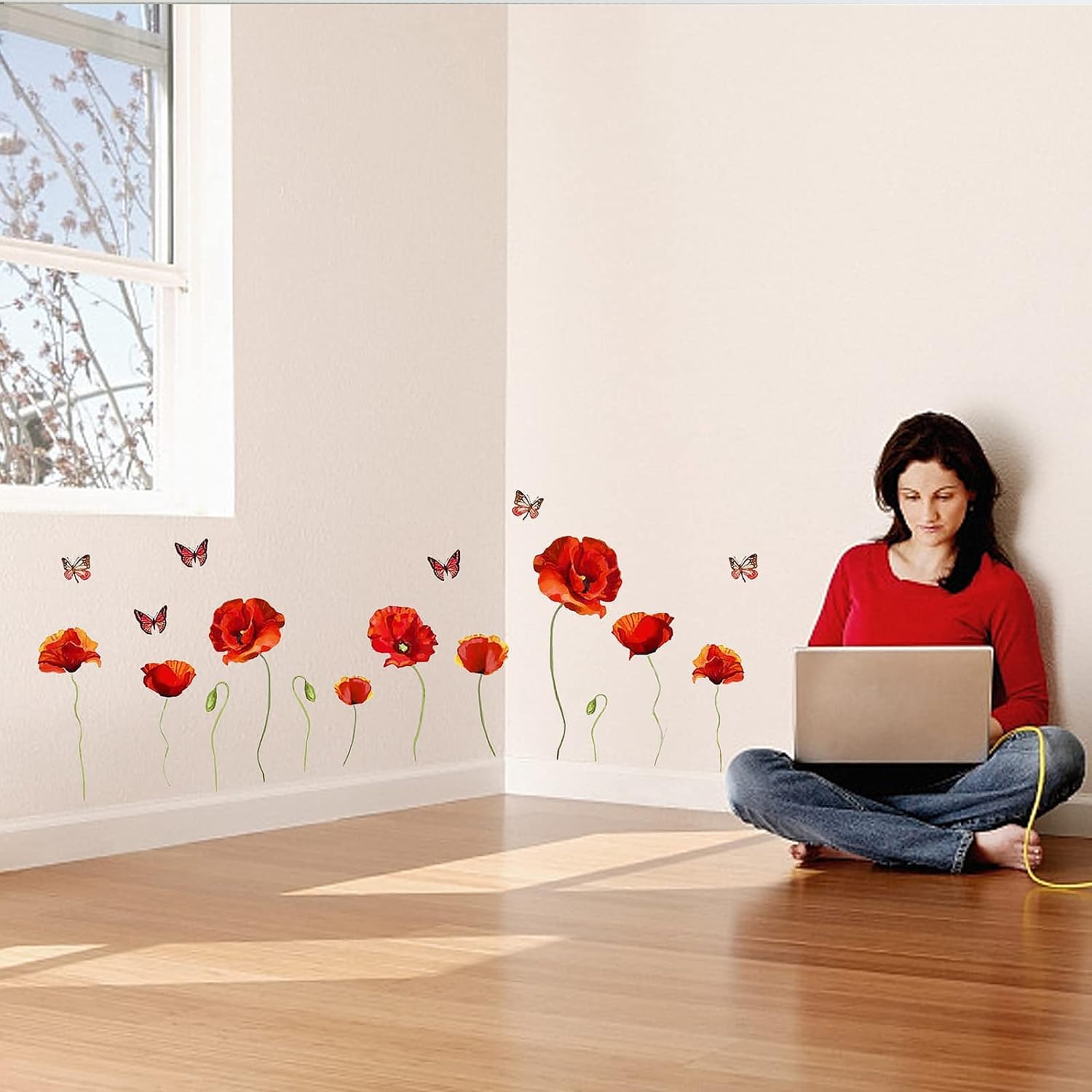 PLIGREAT Flower Wall Stickers with Butterflies Red Floral Vinyl Removable Decals for Living Room Bedroom Dining Room Home Indoor Decor DIY Wall Art