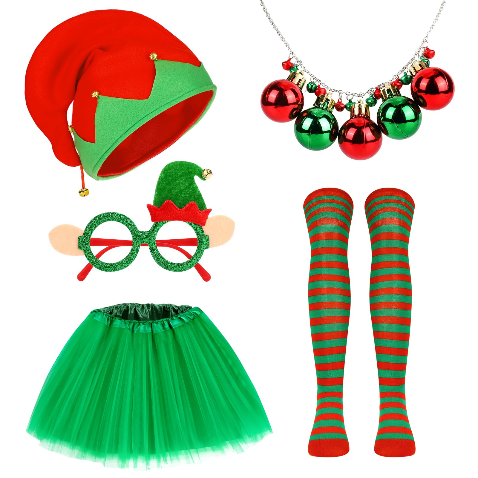 5PCS Christmas Elf Costume for Women Girls - Elf Hats, Glasses, Jingle Bell Necklace, Tutu Skirt, Knee High Socks - Fancy Dress for Holiday Party