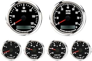 MOTOR METER RACING W PRO Series 6 Gauge Set 7 Color LED Backlit - 85mm 3-3/8" GPS Speedometer & Tachometer 52mm 2-1/16" Volt, Fuel Level, Water Temperature & Oil Pressure - for Car, Boat & Truck