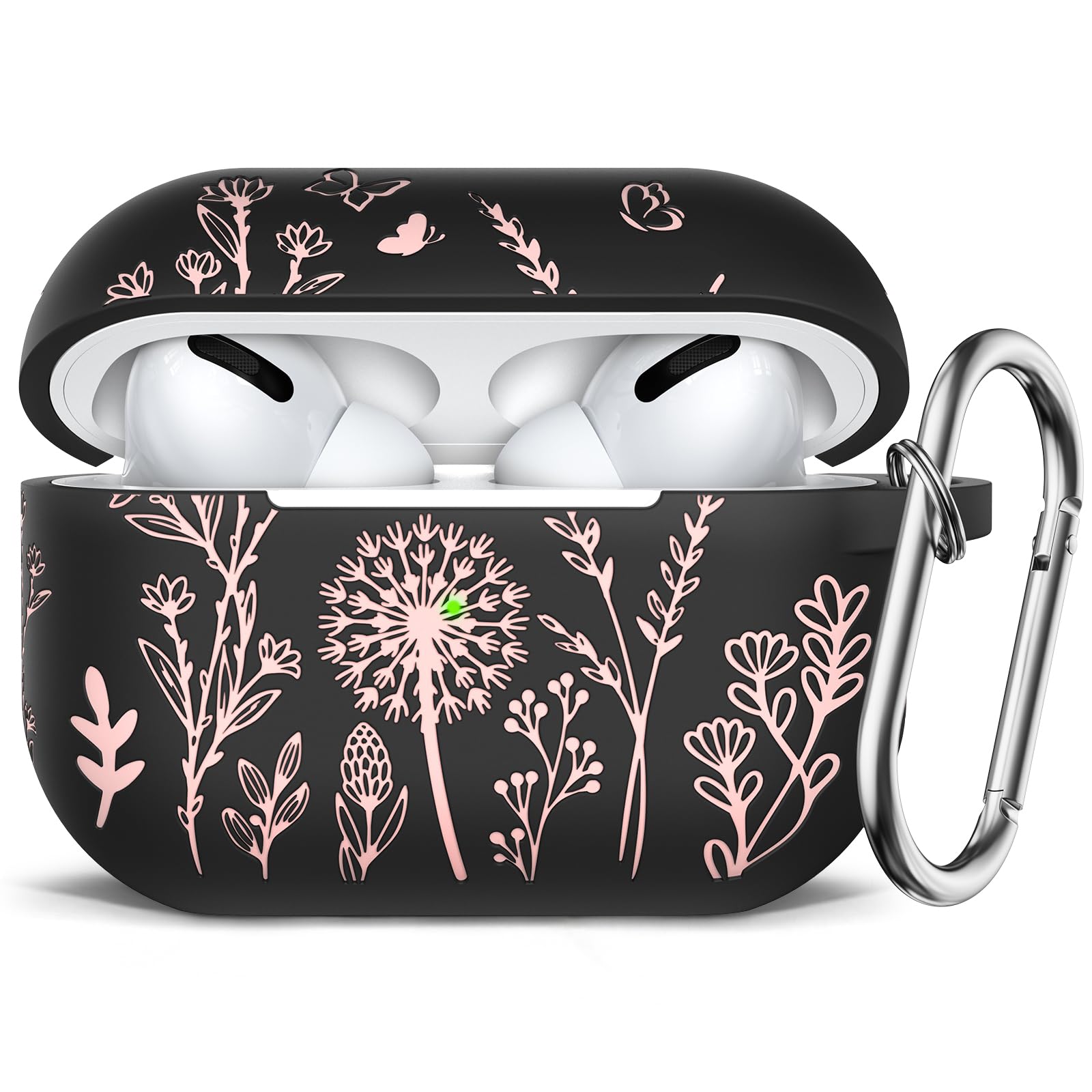 Photo 1 of Minyee Airpods Pro 2nd Generation Case, Cute Floral Engraved Soft Silicone Two-Tone Protective Cover Compatible with Apple Airpods Pro 2nd & 1st Generation Replacement Case with Keychain, Black/Pink