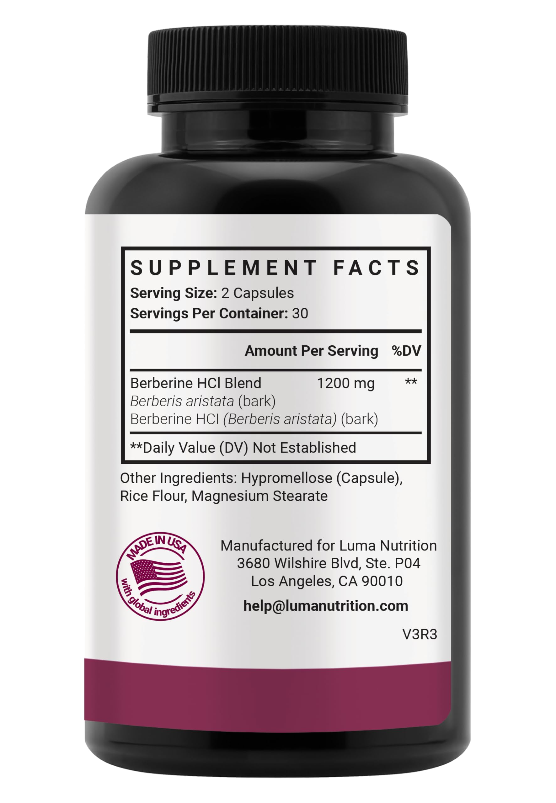 Luma Nutrition Berberine Supplement - Berberine HCL 1200mg Per Serving - Vegan, Gluten Free, Non-GMO - 60 Capsules