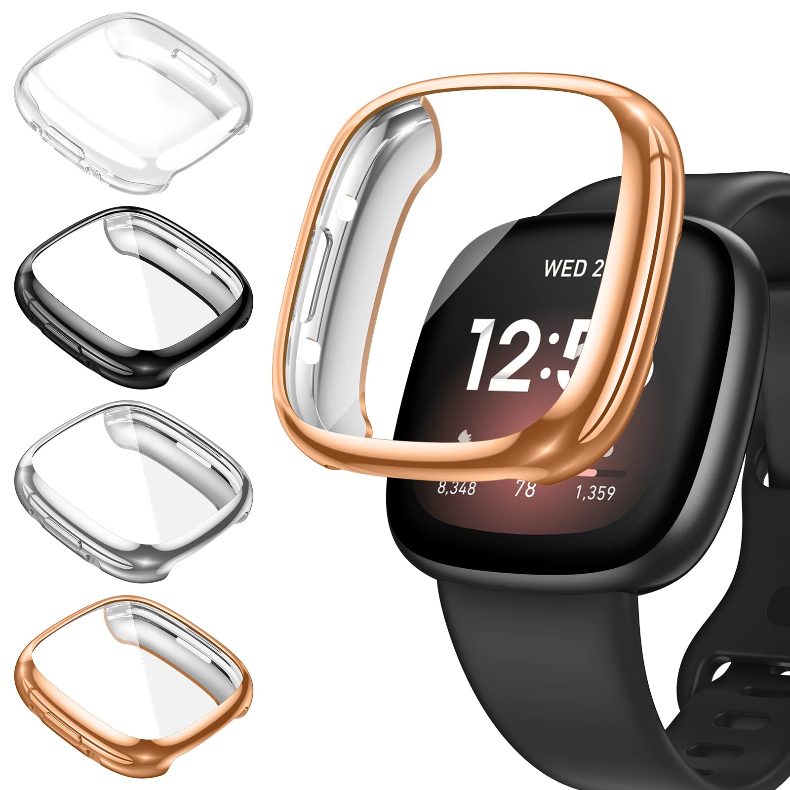 [4Pack] Kamita Screen Protector Case Compatible with Fitbit Versa 4/Sense 2, Soft TPU Plated Full Coverage Watch Case Screen Bumper Cover for Versa4 / Sense2 (Clear+Black+Silver+Rose Gold)