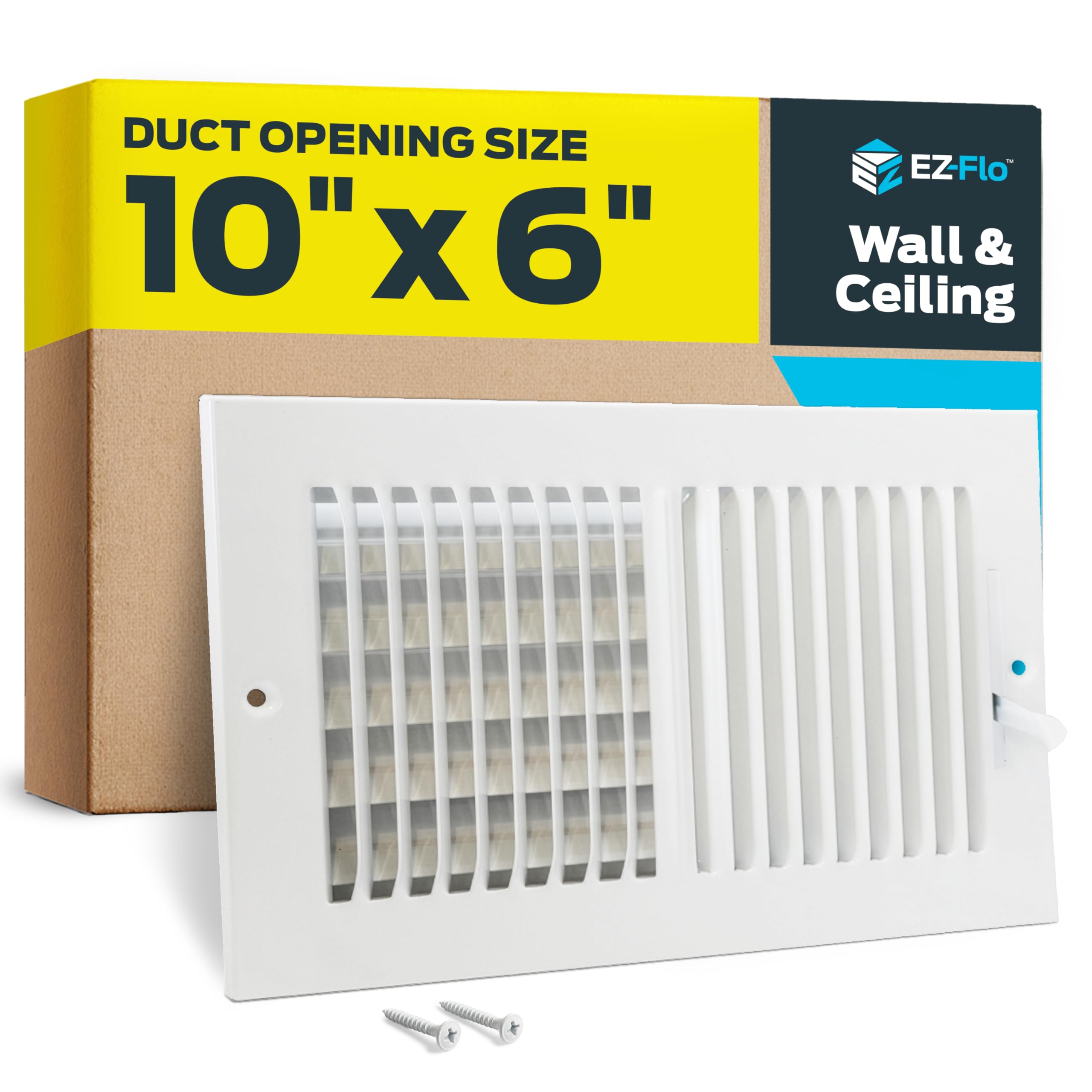 EZ-FLO 10 x 6 Inch (Duct Opening) Air Vent Cover for Wall or Ceiling, Two-Way Ventilation Register, Solid Steel HVAC Register Cover, White, 61610