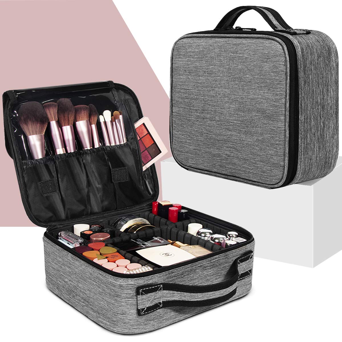 Makeup Bag,WDLHQC Travel Makeup Organizers Storage Case,Portable Make up Bag Organizer Cosmetic Train (Grey)