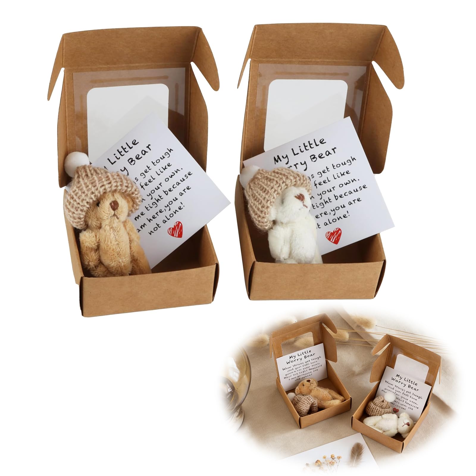 Worry Bear in a Box – Little Pocket Hug Mini Plush Teddy Bear with Inspirational Card – Handmade Emotional Support Bear Doll for Kids Adults – Stress Relief Gift for Christmas Birthday Anxiety Comfort