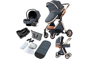 REENBORN 3 in 1 Baby Travel System, Reversible Baby Stroller, Pushchair Luxury Baby High Landscape Pram, Portable Standard Pram Buggy, Foldable Baby Carriage for Newborn Toddler (UDV9-BLUE with Base)