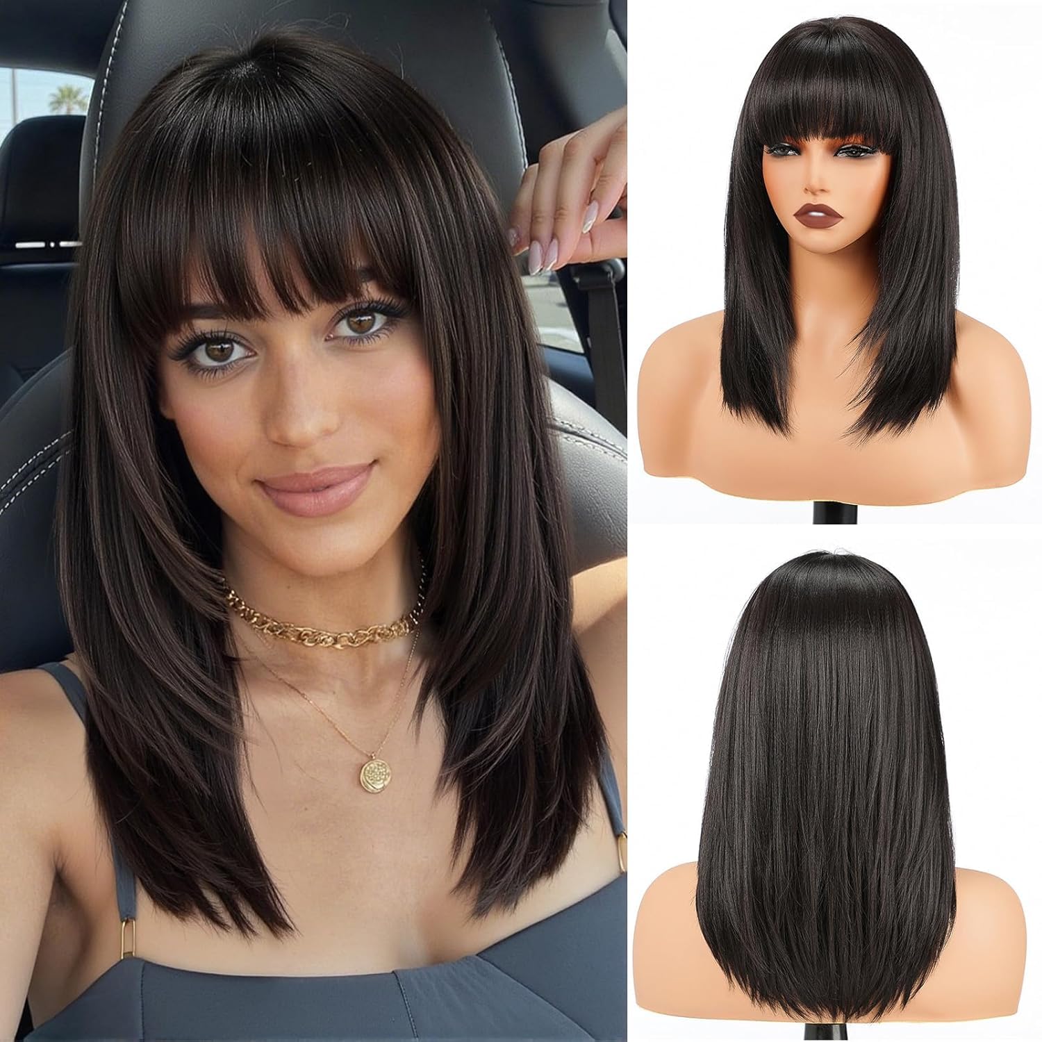 Photo 1 of Luxclipse Dark Brown Mid Length Straight Layered Wigs Human Hair with Bangs Layered for Women Daily Use (Natural Black,20 Inch)