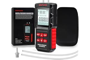 GIMYUAN Digital Manometer Differential Pressure Gauge, 2PCS 31.5'' Long Soft Tubes, 13 Selectable Units, 2 Ports Gas Pressure Tester HVAC Digital Manometer, LCD Screen & Indoor Temperature Measurement