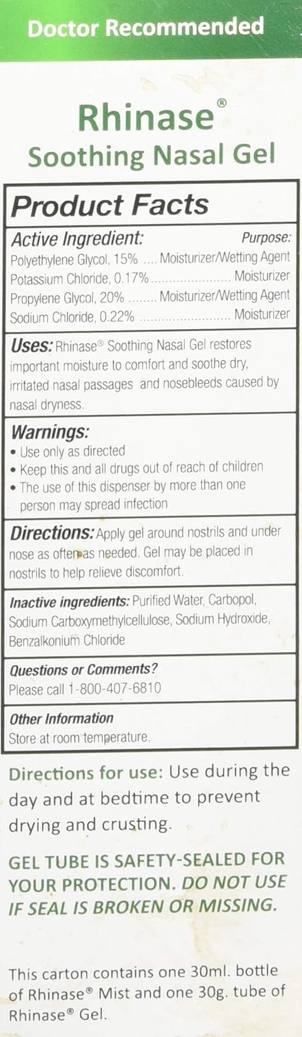 Rhinase (Nasal Gel 1 oz and Saline Nasal Spray 1 oz) Combo Pack for Dry Nose Sinus, Allergy and to Prevent Nosebleeds Caused by Nasal Dryness: Health & Personal Care