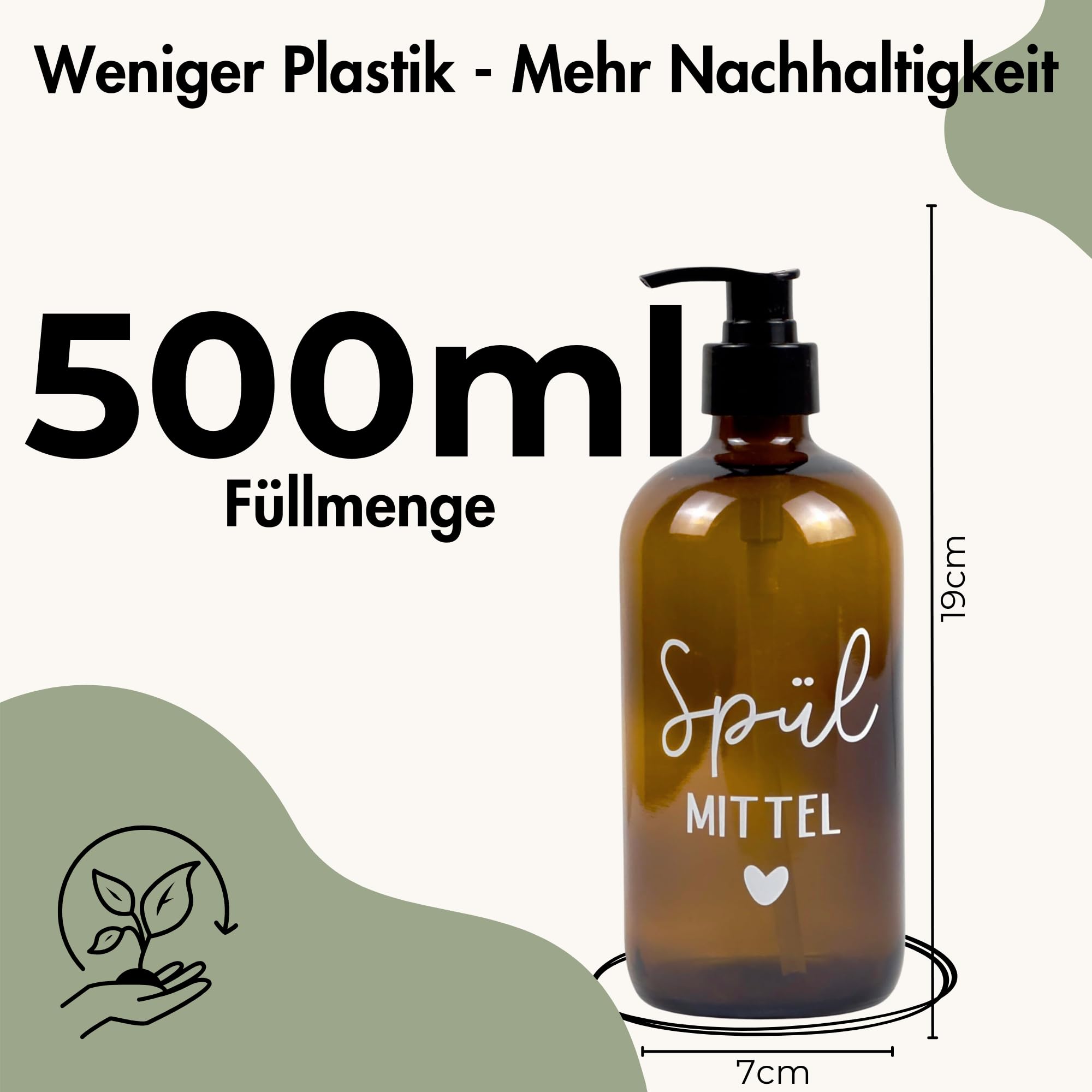Glas Seifenspender 500ml - Schwarzer Pumpspender, Spülmittelspender für Küche. Handseifenspender für Badezimmer (Braun, Spülmittel + Handseife) 8