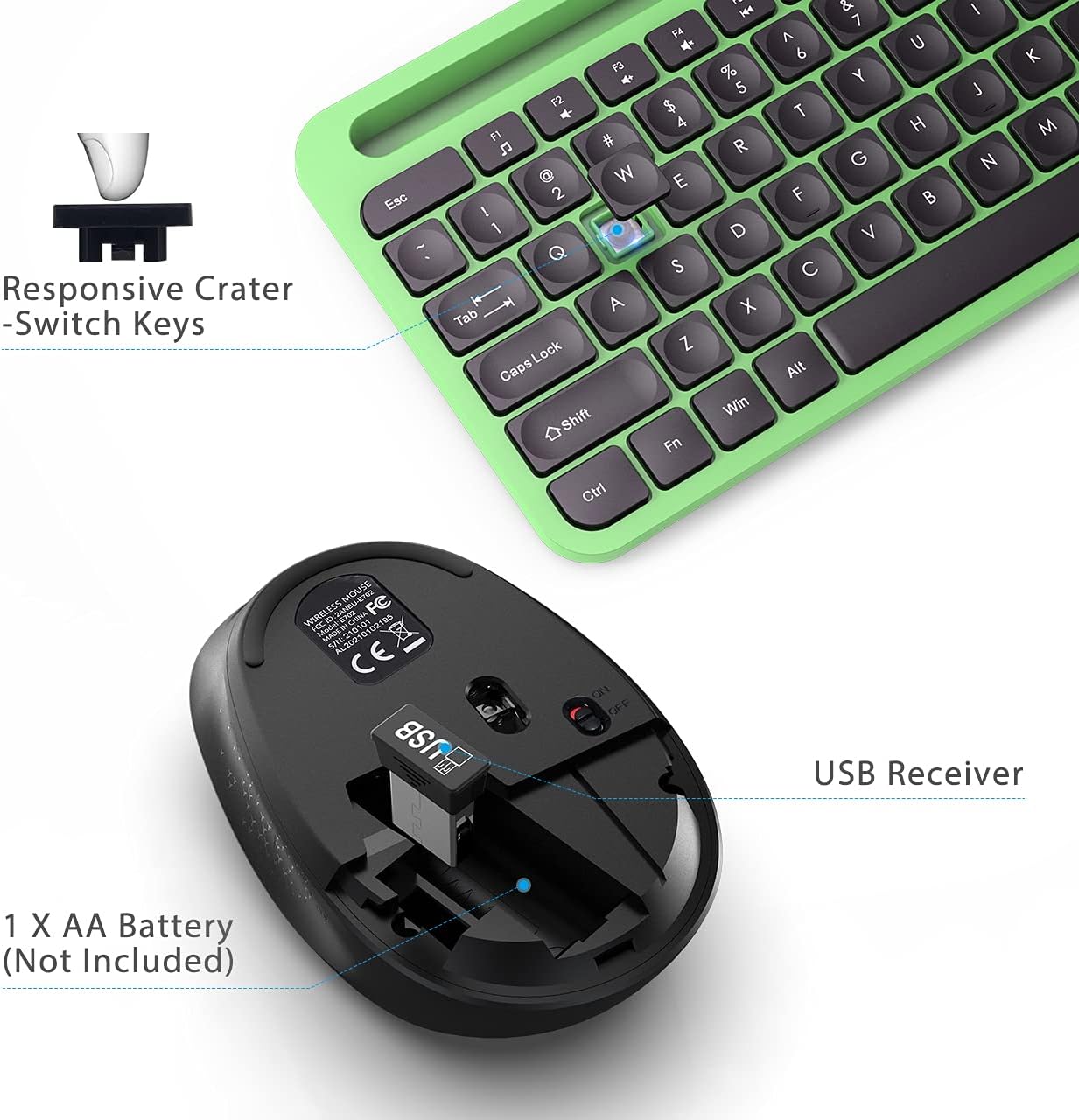 Wireless Keyboard and Mouse Combo, WisFox 2.4G Ergonomic USB Keyboard with Phone Holder, Full-Size Keyboard and Mouse Set for Computer, Laptop and Desktop(Green and Black): Computers & Accessories