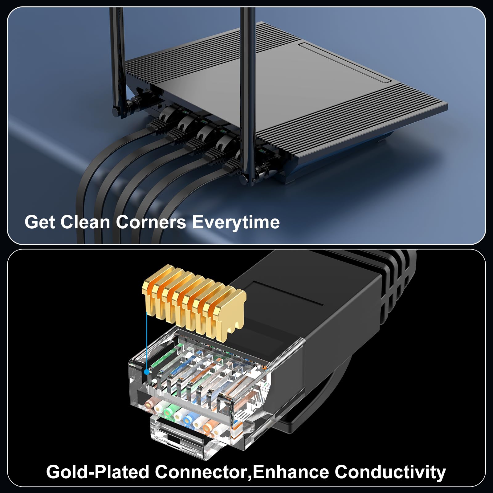Cat 6 Ethernet Cable 100 ft, Indoor&Outdoor, High Speed 10Gbps Internet Network, Pure Copper Flat Ethernet Patch Cable Long, Computer LAN Cable with Clips & Straps for Router, Modem, PS4/5, Black