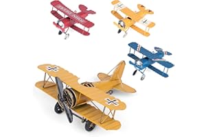 PHIROWN 4 Pack Vintage Metal Plane Models, Retro Aircraft Biplane Handicraft for Home Desktop Decor, Hanging Airplane Ornament for Christmas Birthday Gifts Cake Topper(Yellow Large and Three Small)