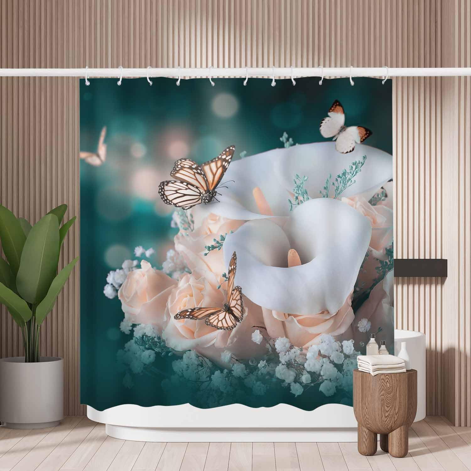 Woutay Shower Curtain Mould Proof Resistant Roses and White Calla Lilies Butterfly,Water Repellant Fabric,Polyester,with 12 Plastic Hooks