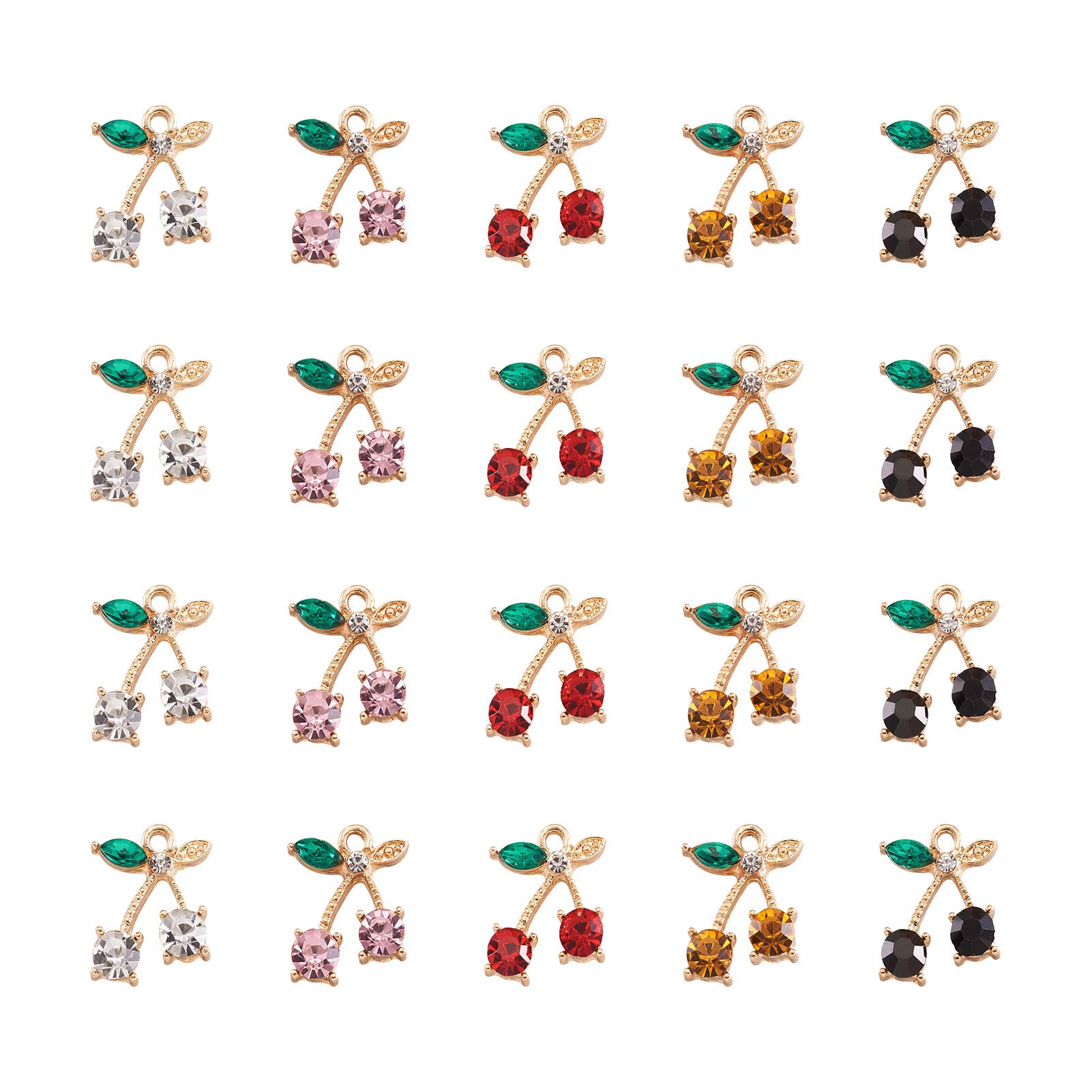 Beadthoven 20pcs Rhinestone Cherry Pendant, 5 Colors Cherry Crystal Charms Sweet Cute Fruit Dangle Charms for Pretty Girls Earrings Jewelry Making
