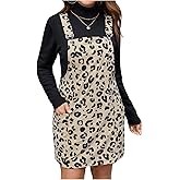 MakeMeChic Women's Plus Size Overall Dress Leopard Print Pinafore Adjustable Strap Corduroy Short Dress Apricot X-Large Plus