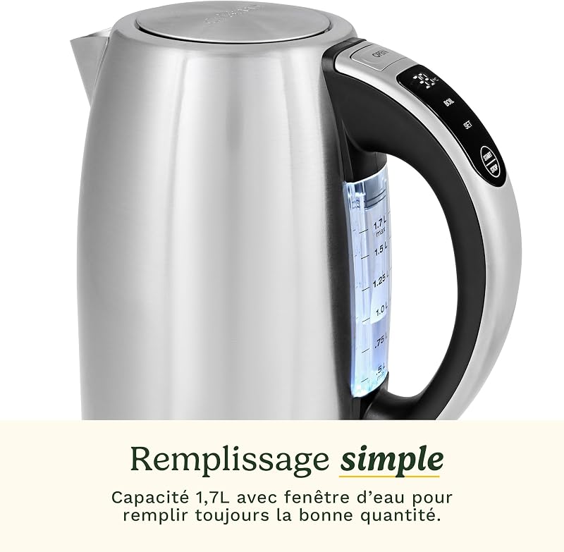 Bouilloire Électrique SmartElite 1,7L Inox – Écran tactile, Température réglable 50–100°C, Ébullition rapide 3 kW, Filtre anticalcaire lavable, Bec précis