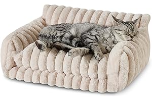 Hollypet Cat Bed Fluffy Plush Mutifuctional Double-Layer Soft Pet Couch Orthopedic Sofa Nest Beds for Small Cats and Dogs, Cream (21x15x8 inch)