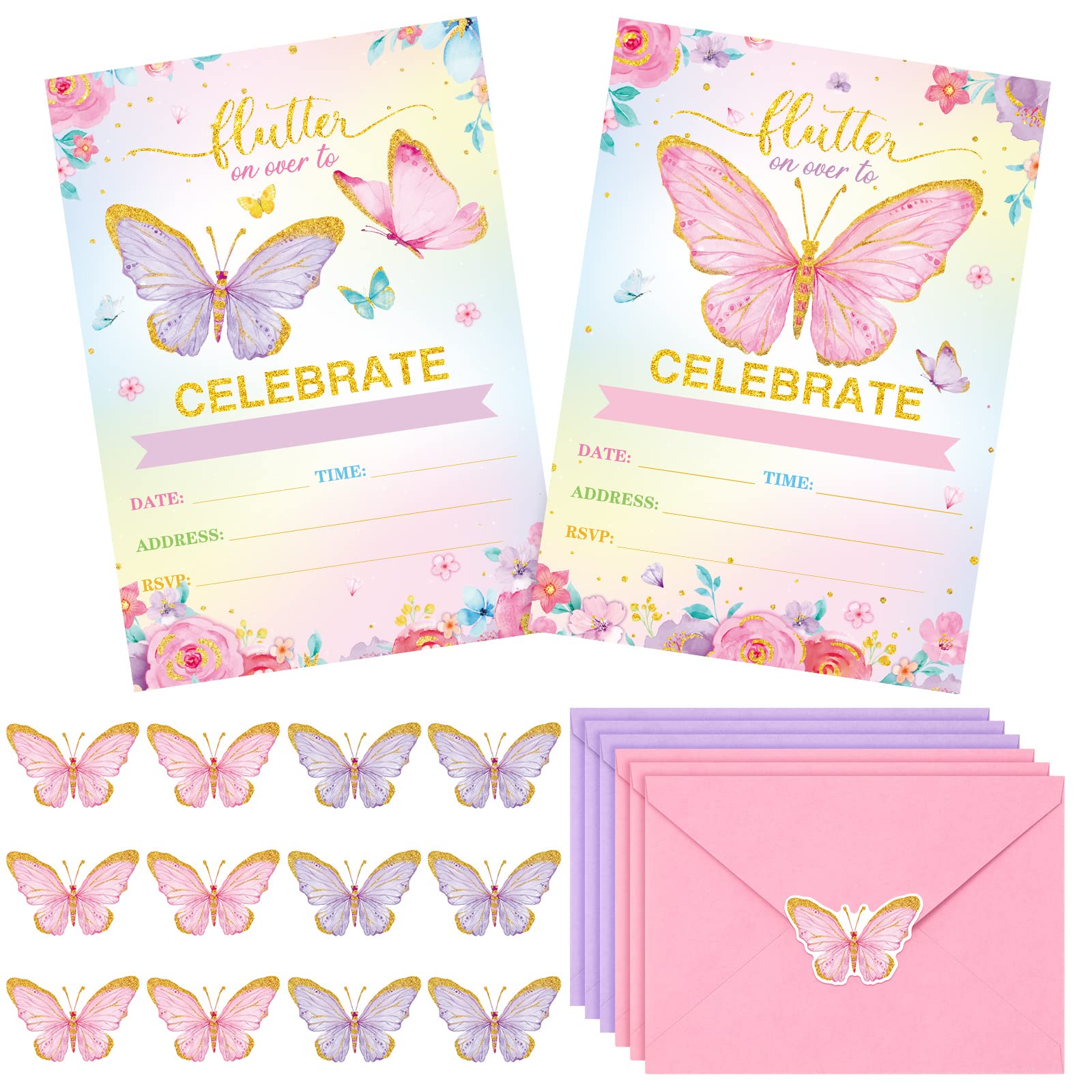 Sepamoon 24 Pack Butterfly Birthday Party Invitations with Envelopes Girls Floral Butterfly Invitation Cards Stickers Birthday Invitations Cards for Girls Party Baby Shower Wedding Decor(Pink)