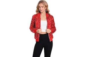 Women's Sequin Jacket Long Sleeve Blazer Glitter Front Zip With Pockets Casual Sparkly Christmas Party Velvet Bomber