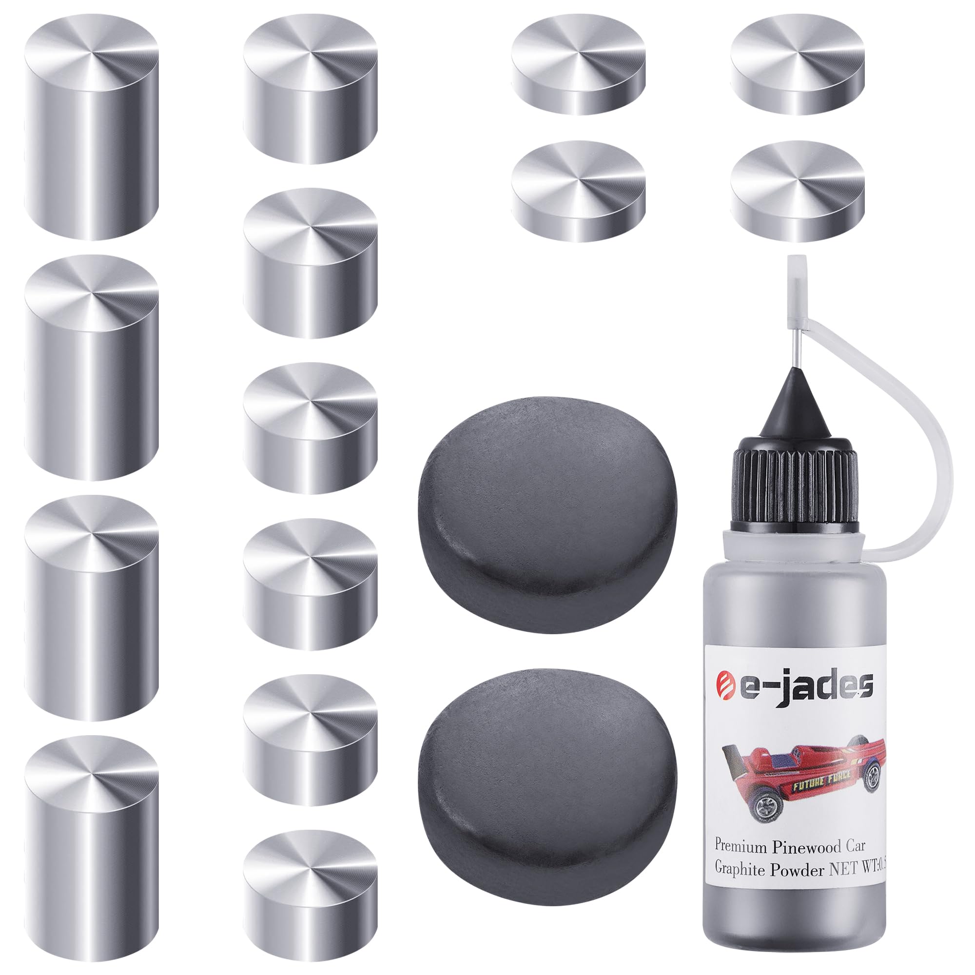 Photo 1 of Derby Car Weights Kit-Pinewood Car Weights&Graphite Powder-4.25OZ 16 Pieces 4 Sizes Cylindrical Tungsten Weights&Tungsten Putty-0.5OZ Graphite Lubricant for derby car Pine Derby Car Wheels Axles speed